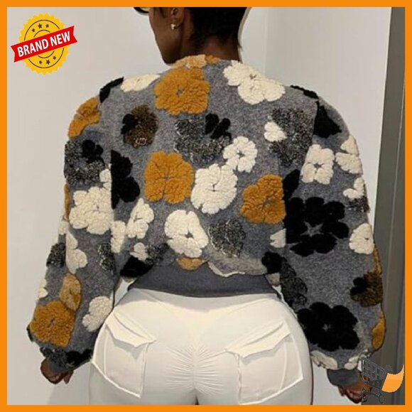 Cropped Floral Shacket Bomber Jacket Women's Long Sleeve - Picture 6 of 8